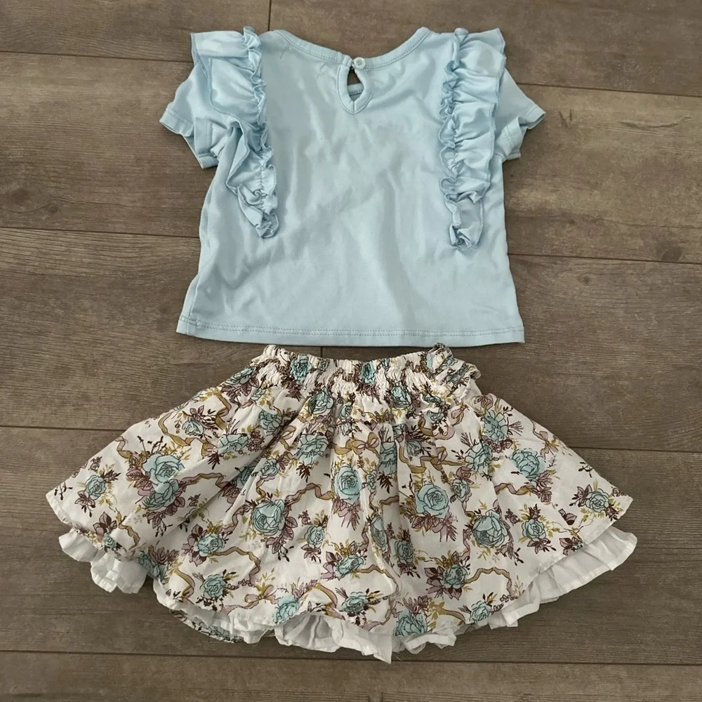 Baby Girl 12 M Ruffle Floral Twirl Tiered Skirt & Matching Ruffle Shirt Set